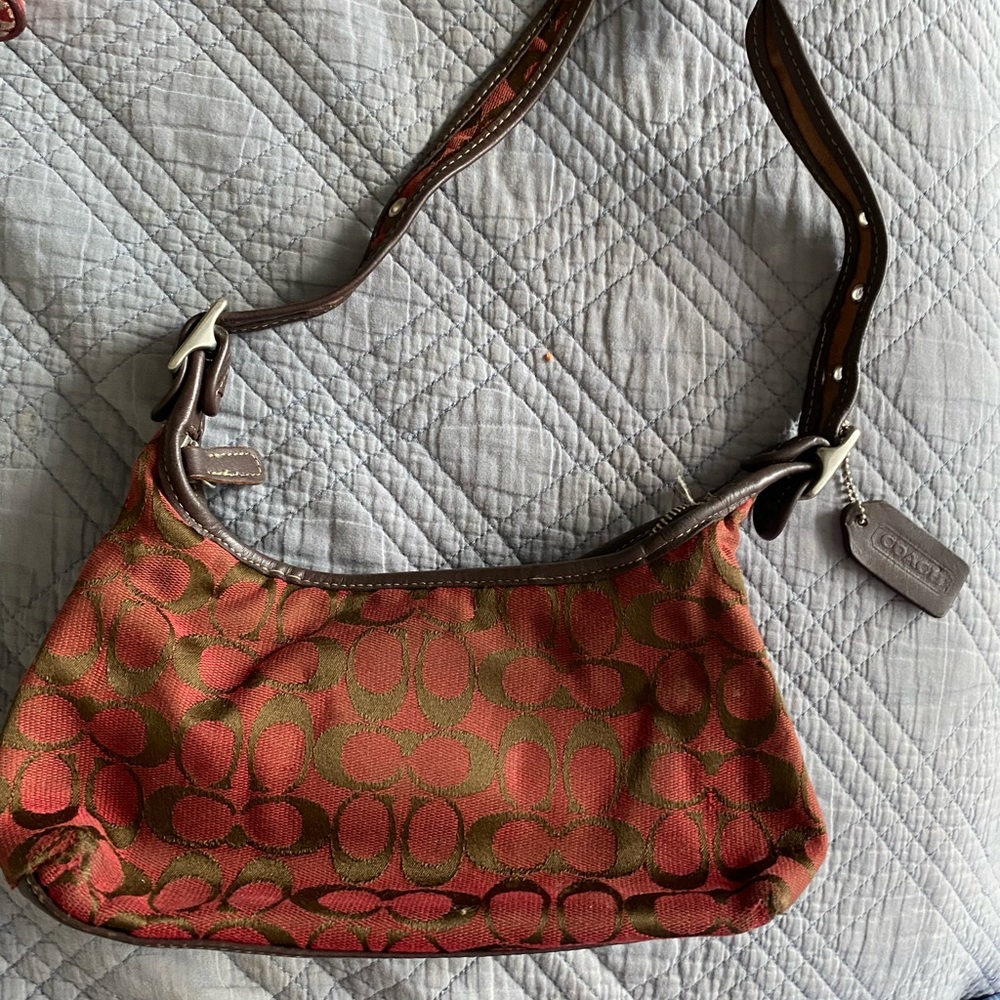 Coach Red and Brown Shoulder Bag with Crescent Design